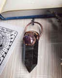 Silver Sheen Obsidian and faceted Ruby jewel SPELLCASTER pendant